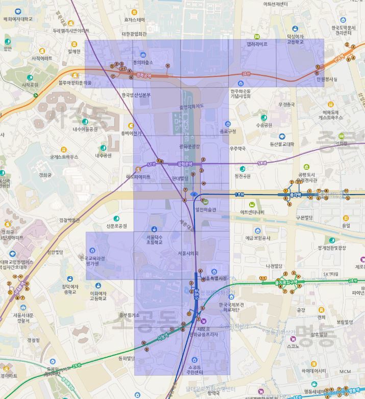 A GIS mapping visualization of Gwanghwamun and City Hall area showing population density during the BTS performance on March 21, 2026.