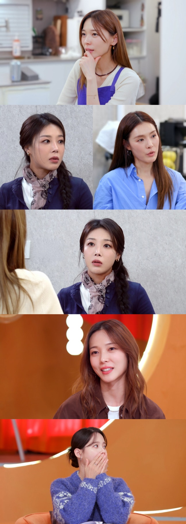 Sunye de Wonder Girls en Pyeonstorang con Yubin y Kahi, sonriendo y charlando en una mesa llena de comida casera coreana.