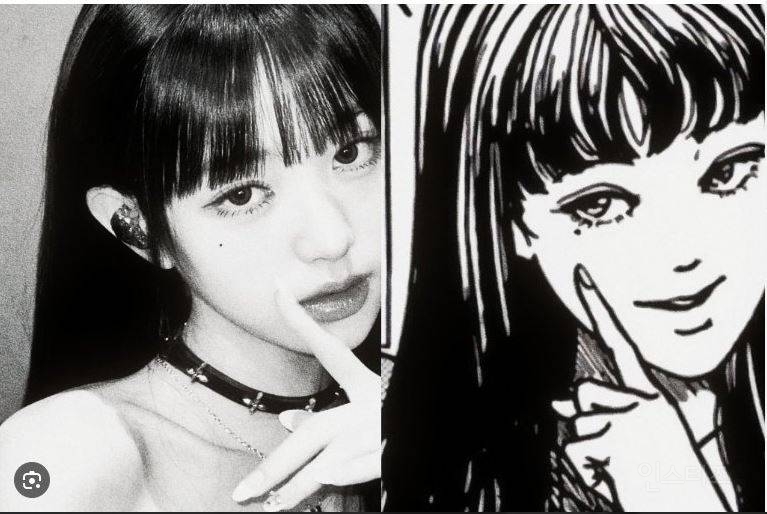 원영이의 풍성한 흑발과 레드 립이 강조된 비주얼