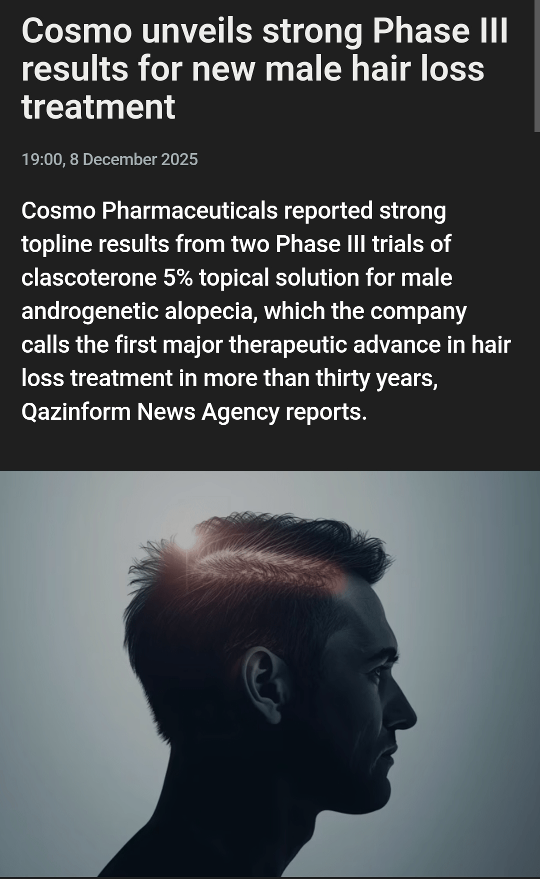 Infographic showing the clinical trial phases and the success of the new hair loss treatment in Phase 3