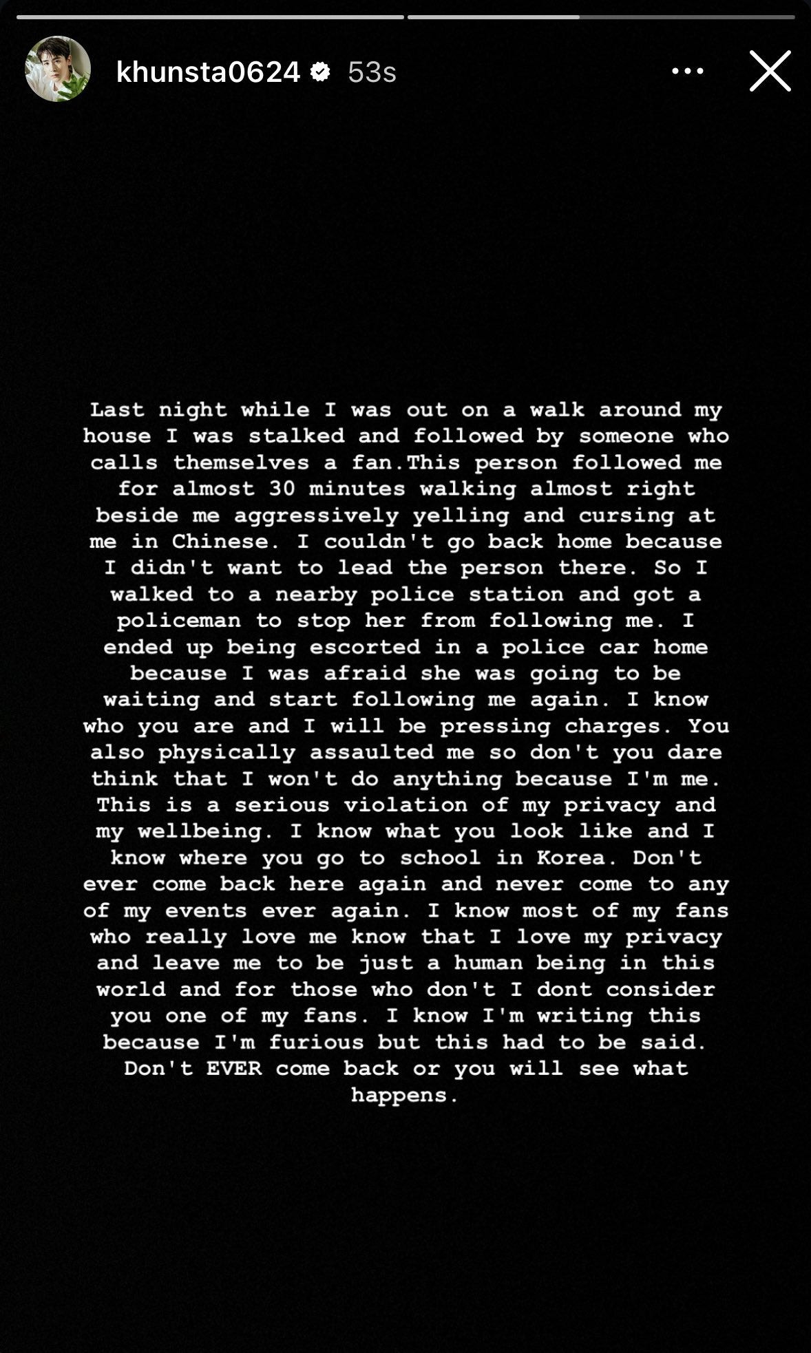 Screenshot of Nichkhun's Instagram story detailing the stalking incident and his warning to the perpetrator.
