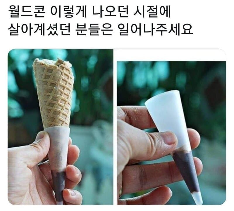 월드콘의 상징적인 초콜릿 팁 부분과 과거의 꽉 찬 초콜릿을 그리워하는 커뮤니티 게시물 캡처