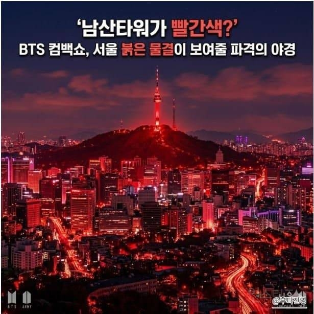 Detalle de la arquitectura de Seúl con filtros rojos aplicados para la campaña de BTS