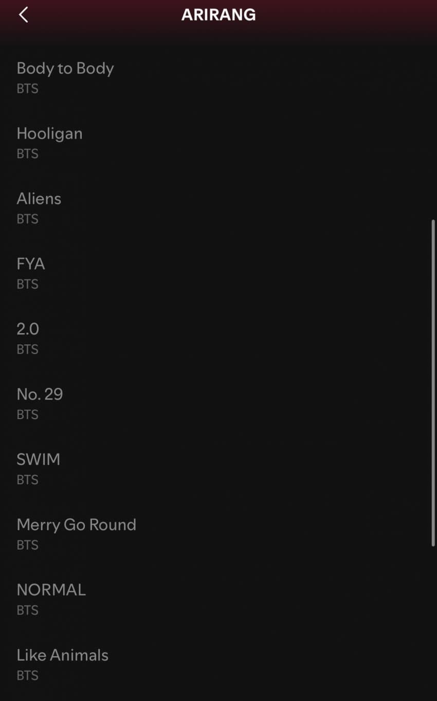 A close-up screenshot of a digital tracklist displaying song titles in both Korean and English, with numbered entries up to 14.