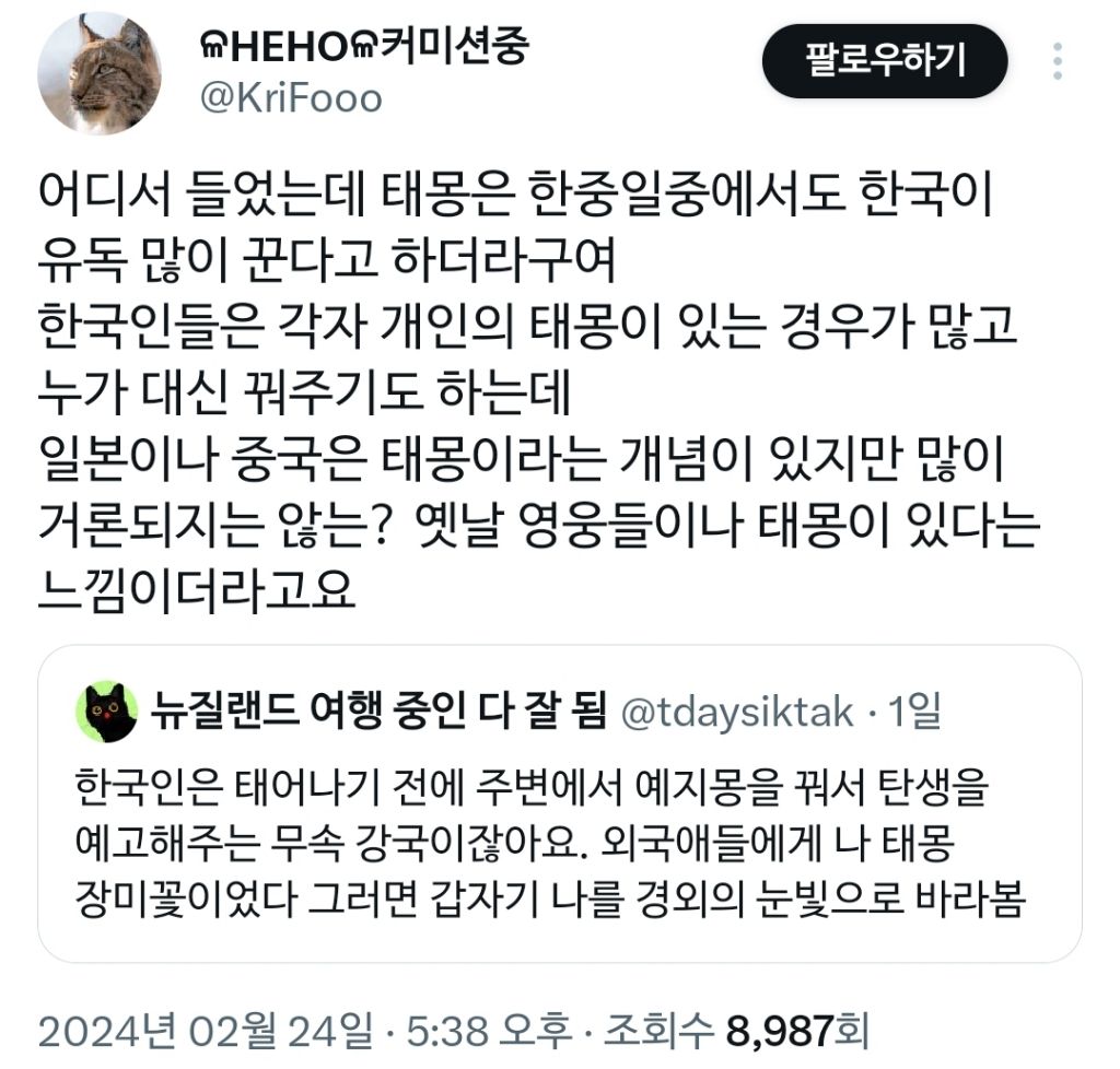 다양한 태몽의 종류와 상징을 설명하는 이미지