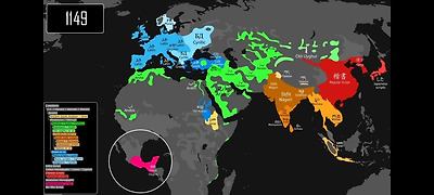 Ancient world map showing East Asian countries in shades of red, indicating Chinese character influence, before Hangul's creation