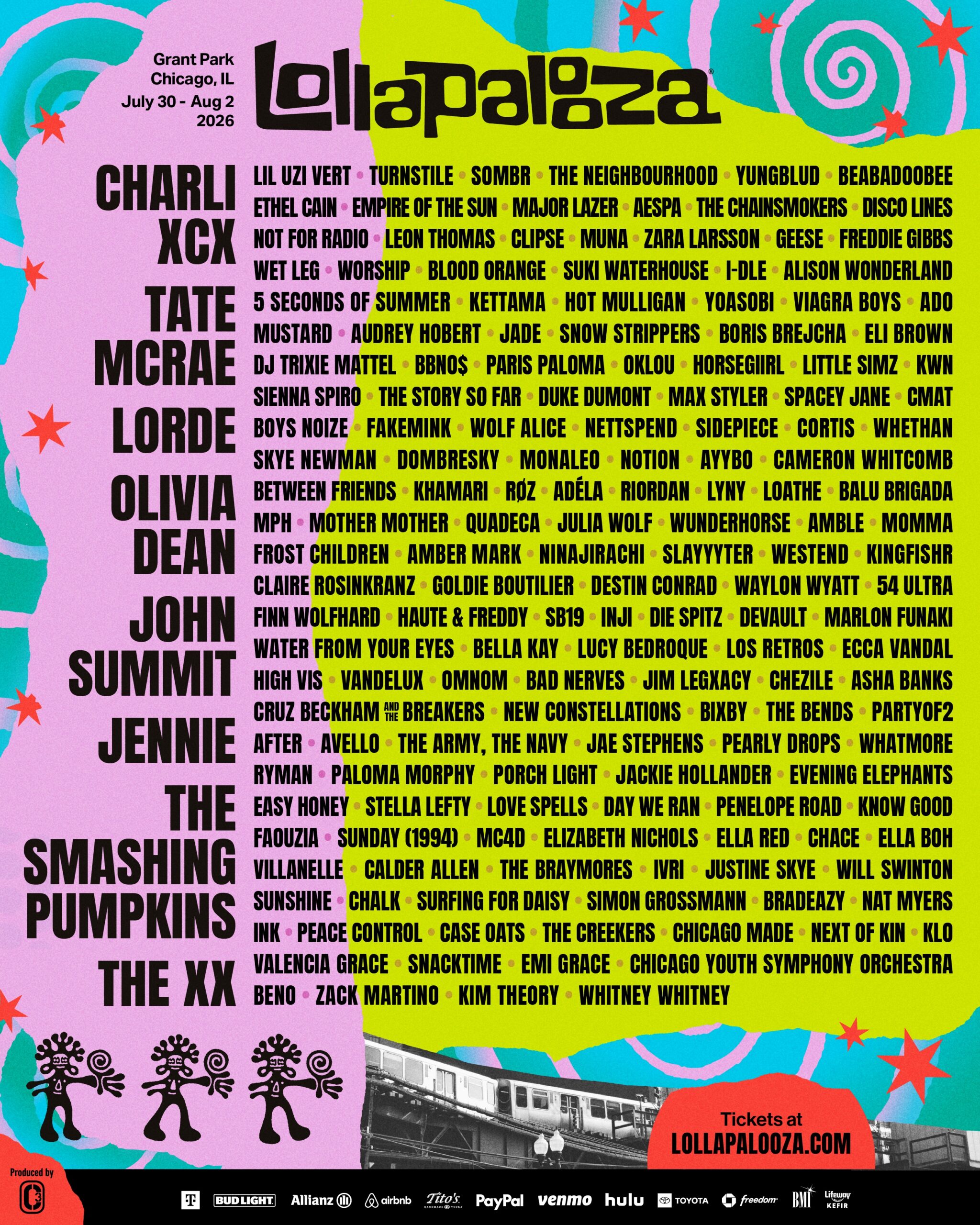 Official Lollapalooza Chicago 2026 Lineup Poster featuring Jennie, aespa, and (G)I-DLE