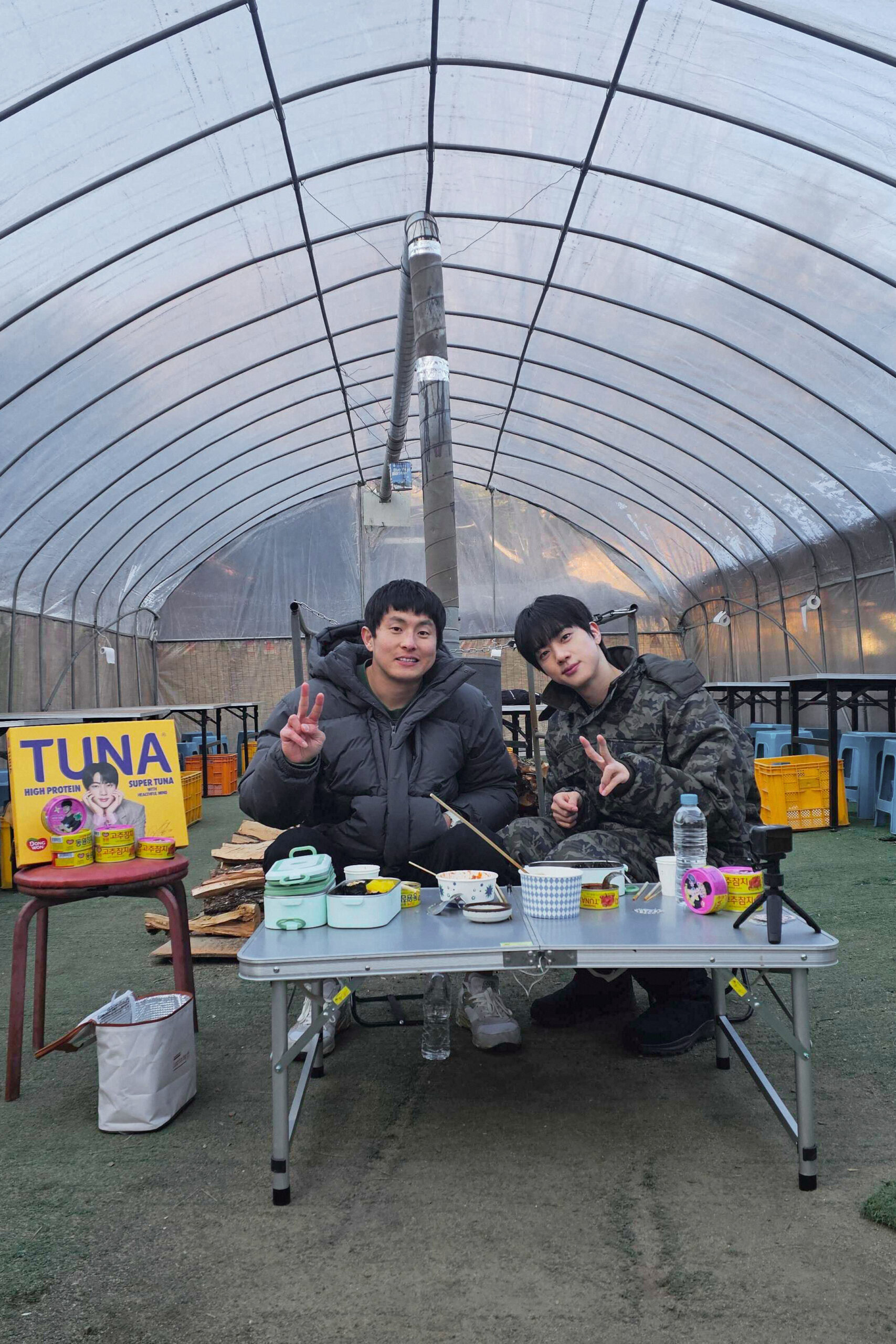 BTS Jin and Kian84 posing together for a viral two-shot during YouTube filming