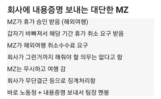 A screenshot of a Korean online forum post discussing MZ generation's actions in the workplace. The text suggests a debate around whether MZ employees are 'doing something wrong' by taking formal steps like sending certified mail, highlighting the generational divide in workplace culture.