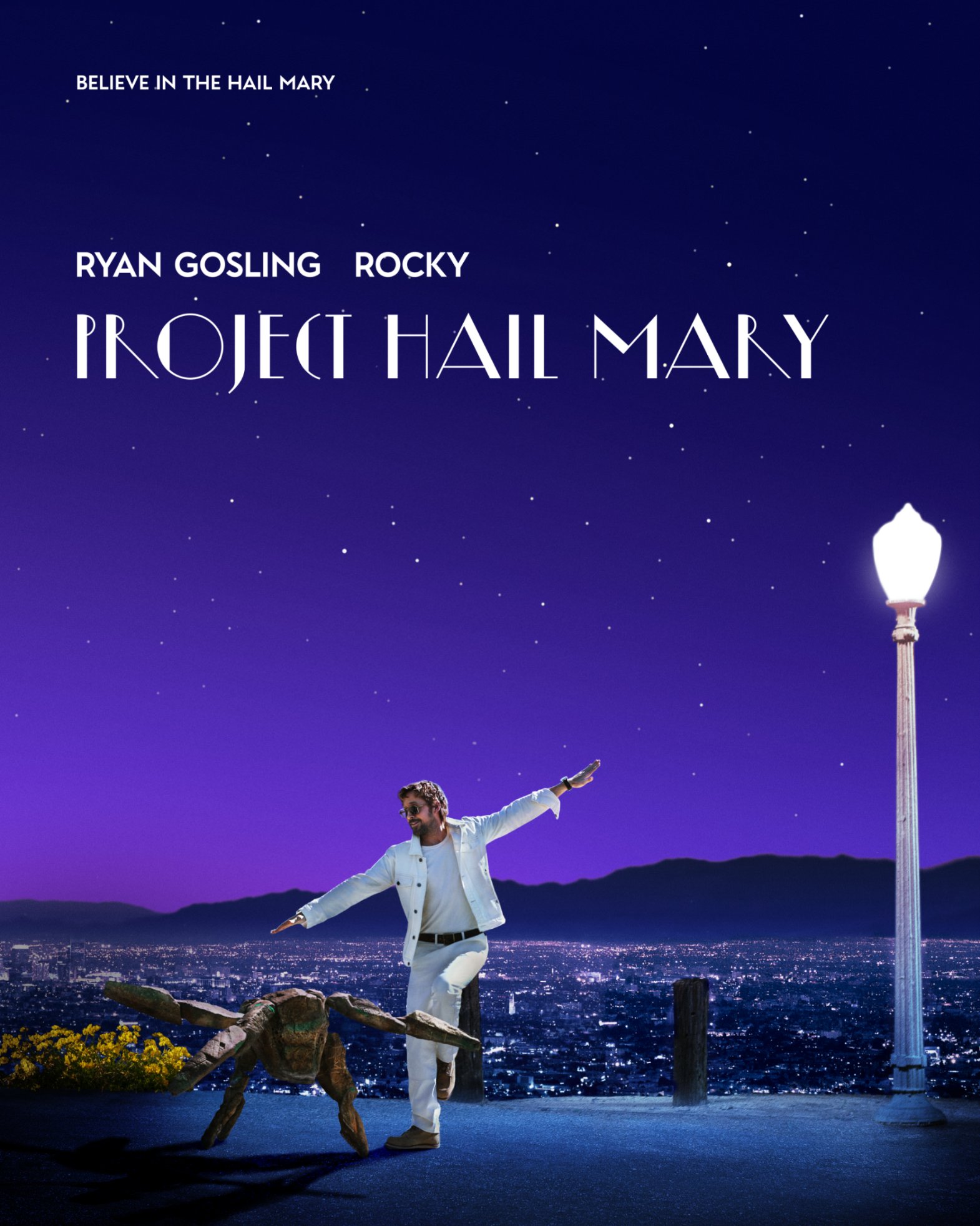The viral official parody poster for Project Hail Mary featuring Ryan Gosling in a La La Land dance pose while wearing a spacesuit.