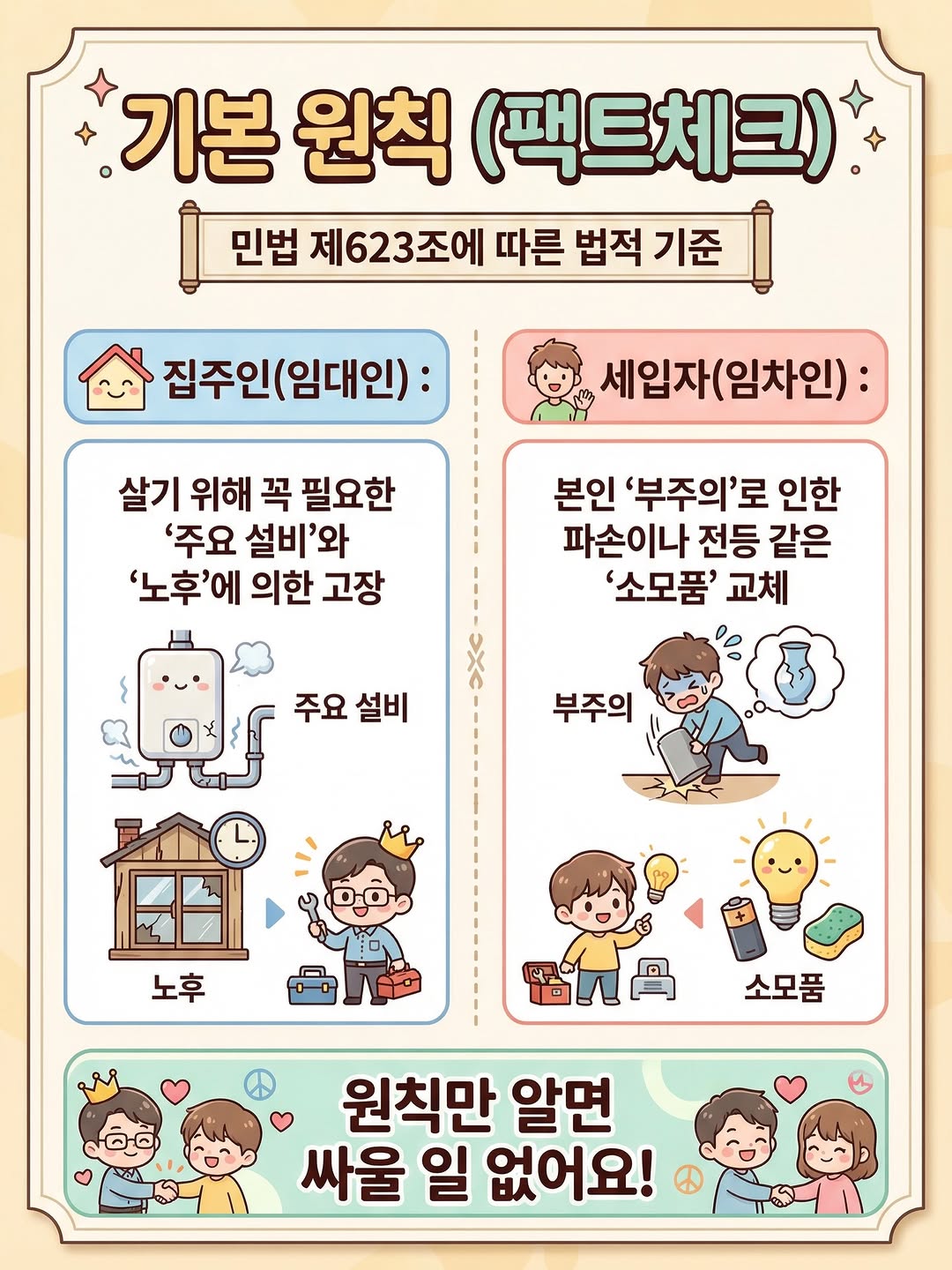 Diagrama que explica la diferencia entre reparaciones mayores y menores en contratos de alquiler coreanos