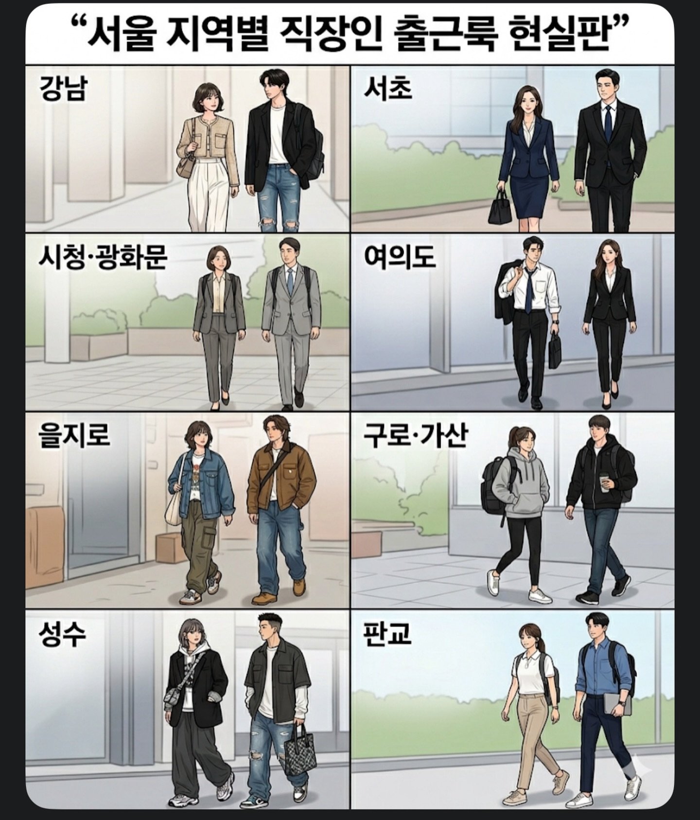 서울 주요 지역별 직장인들의 특징적인 출근룩 스타일을 정리한 바이럴 이미지